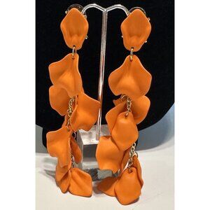 Long Pierced Neon Orange clay petal dangle earrings Statement Flower Summer
